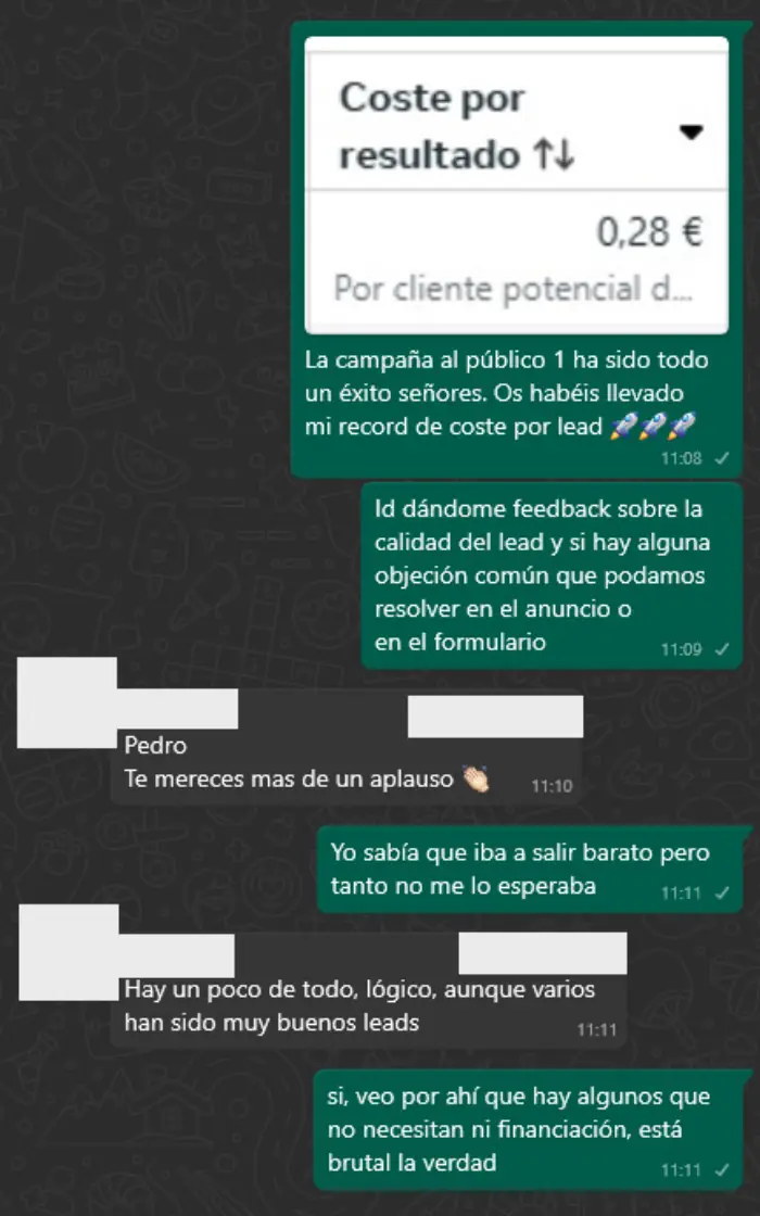 Testimonio cliente — coste por lead 0,28€